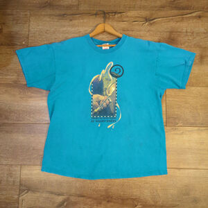 VTG Woodturners Adult XL Shirt Music Picasso Art Skater Bright Aqua Blue Y2K